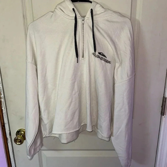NWOT Quicksilver Quarter Zip Embroider Logo Hoodie Sweatshirt Raw Hem Crop Sz L - Picture 1 of 6